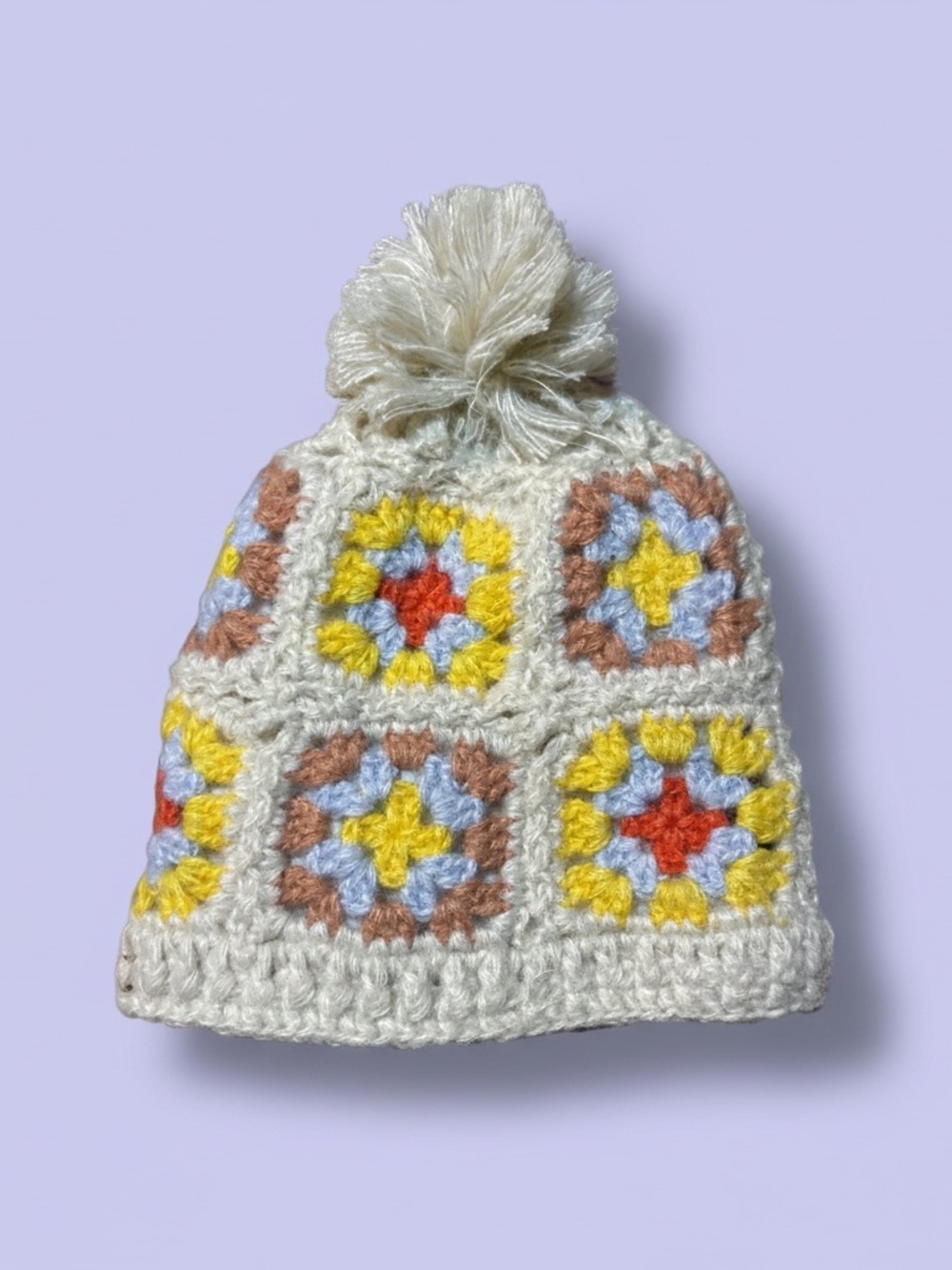 wild fable Crochet Pom Beanie in Cream with Yellow, Blue & Red Accents